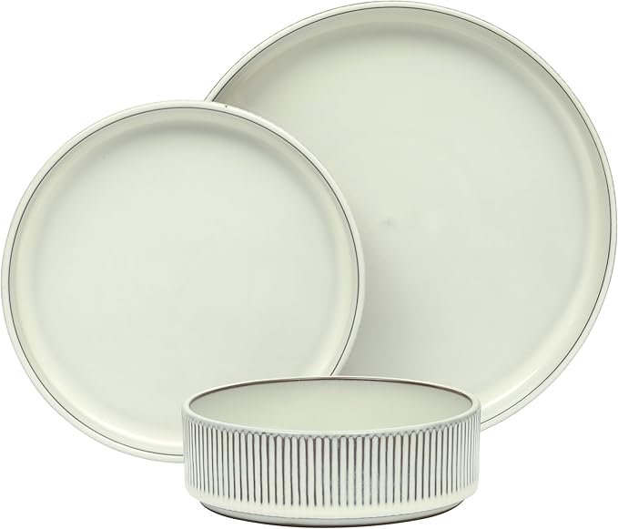 Gibson Elite 12 Piece (Service for 4) Townscape Plates and Bowls Reactive Glaze Embossed Round Dishes Terracotta Ceramic Dinnerware Set - Cream White