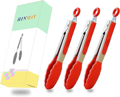 7-Inch Mini Silicone Tongs Small Serving Tongs for Appetizers, Set of 3 (Red)
