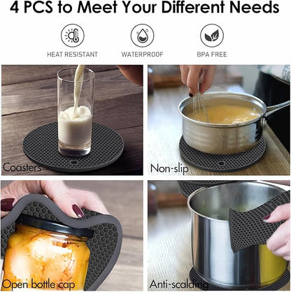 Silicone Trivets for Hot Pots and Pans, 0.31" Thick Trivet Mat for Hot Dishes Set of 4, Heat Resistant Durable Flexible Silicone Mat Pot Mat for Countertop, Easy to Wash and Dry, Dark Gray