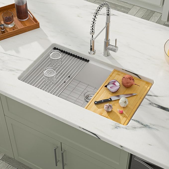 Dcolora 33 Inch White Granite Composite Kitchen Sink Workstation Undermount Single Bowl sink Large Sink For Kitchen,DC-GU2514