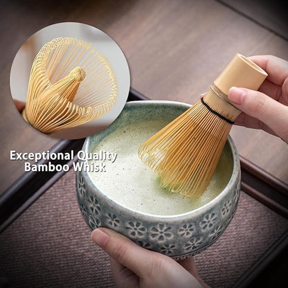 Matcha Whisk Set, Ceramic Matcha Kit Includes Matcha Bowl, Matcha Whisk and Holder, Bamboo Scoop, Scoop Rest, Sifter and Tea Towel - 7 Pcs Matcha Kit for Matcha Lovers (Blue)