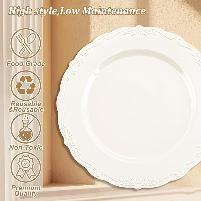 DaYammi 60PCS Ivory Plastic Plates, Party Plates Disposable Heavy Duty