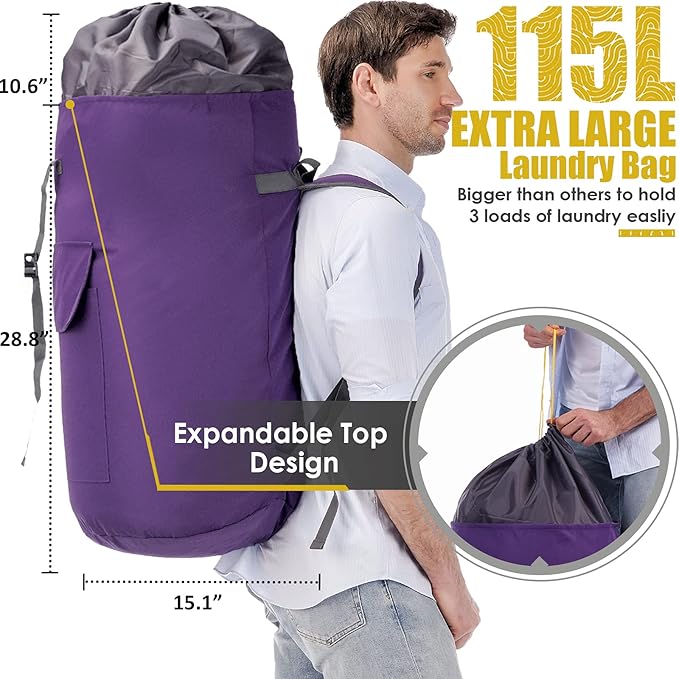 College Laundry Bag Extra Large Heavy Duty, Purple 115L Laundry Backpack Bag, Dorm Laundry Bag with Straps, Large Laundry Bags, Clothes Hamper Bag for College, Travel, Camp, Apartment, Laundromat