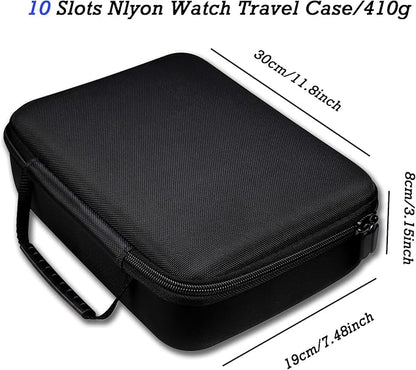Juntan 10 Slots Hard Watch Travel Case, Portable Nylon Zipper Storage Organizer Box for Men Women with Soft Compressible Foam Pillow Black