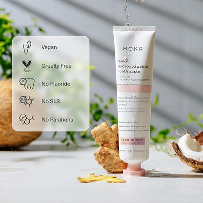 Boka Fluoride Free Toothpaste, Nano Hydroxyapatite Toothpaste, Appropriate for Sensitive Teeth - for Adult, Kids Oral Care - Coco Ginger Flavor, 4 Fl Oz 1Pk US Manufactured