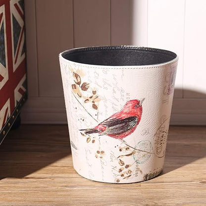 PU Leather Small Trash Can Wastebasket, Round Garbage Container Basket for Bathrooms, Laundry Room, Kitchens, Offices, Kids Rooms, Bedrooms,Dorms,Home Decorative Art Bin, 2.9 Gallon(Bird Design)