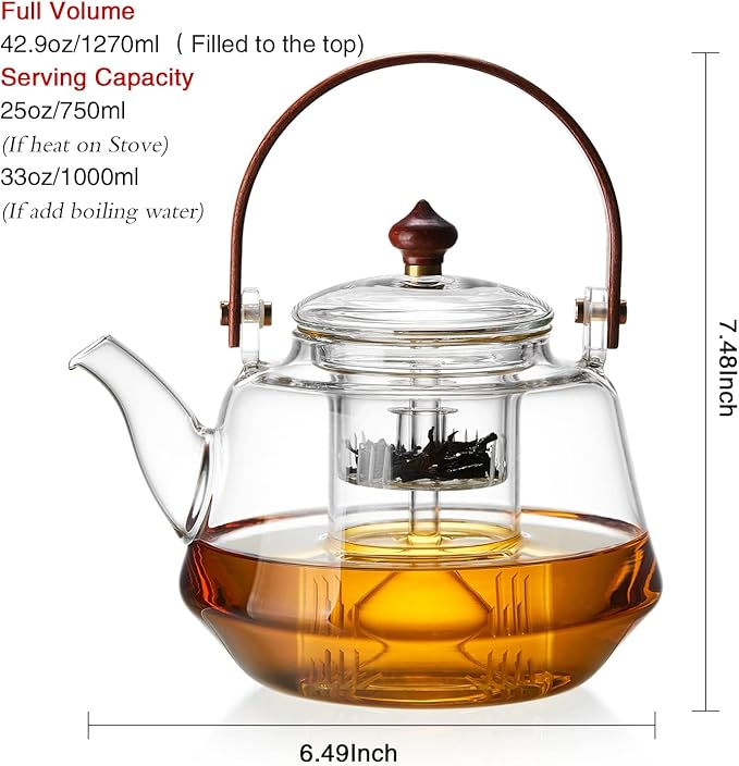 40oz Glass Teapot with Anti-Drip Spout, Peach Wood Handle and Lid, Heat-Resistant Borosilicate Glass, Dual Infusers for Steaming and Boiling