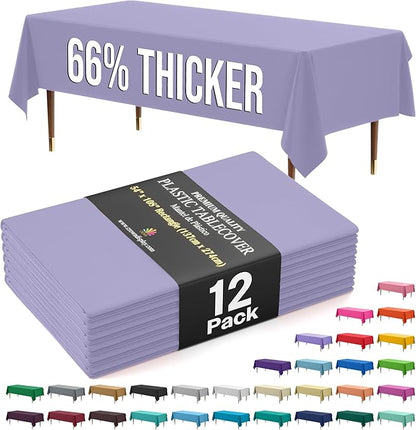 Exquisite 66% Thicker Premium Plastic Table Cloth Rectangle Table Cover 0.5 Mil 12 Pack Lavender Table Cloth 54 Inch x 108 Inch Disposable Tablecloth Won't Tear Easily Like Cheap Thin Brands