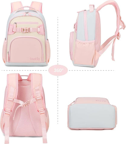 Lightweight Cute Kids Backpack for School Kindergarten Elementary Backpacks for Gilrs ages 6-8-10 (Pink Cream Celeste)