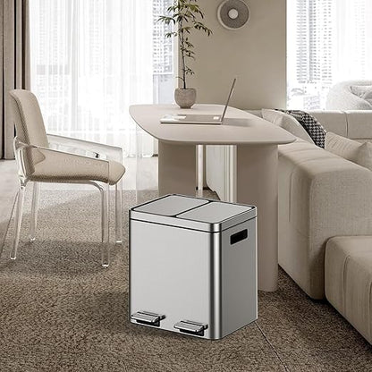 2 x 4 Gal (2 x 15L) Trash Can, Stainless Steel Triple Compartment Step-On Recycling Bin with Soft-Close Lids & Removable Plastic Inner Buckets for Kitchen, Home, Office