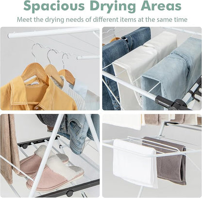 Giantex Clothes Drying Rack, 2-Layer Stainless Steel Foldable Laundry Drying Rack with 6-Level Adjustable Height, Useful Clips, Space Saving Freestanding Folding Collapsible Laundry Drying