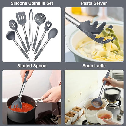 E-far Silicone Cooking Utensils Set, 7 Pcs Heat Resistant Kitchen Utensils with Stainless Steel Handle, Slotted Turner, Spoon, Soup Ladle, Pasta Server, Skimmer, Tongs for Nonstick Cookware, Gray