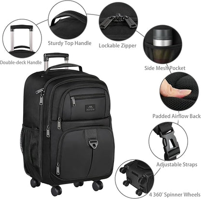 MATEIN Rolling Backpack with 4 Wheels, 17 inch Roller Travel Laptop Backpack for Women Men, Large Water Resistant Business Wheeled Bag, Airline Approved Carry on Luggage Suitcase Bag, Black