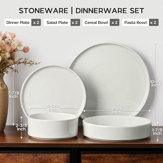 Stoneware Dinnerware Sets for 2, Onader Speckled Plates and Bowls, 8 Pieces Ceramic Dish Dinner Set with Pasta Bowl, Microwave & Dishwasher Safe - Cloud White