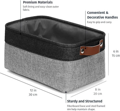 OrganiHaus Small Fabric Storage Baskets for Shelves 6 Pack, 12x8in Closet Storage Bins for Shelves, Cloth Baskets for Organizing, Linen Closet Organizers, Fabric Basket, Gray/Black