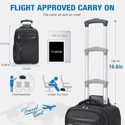 Rolling Backpack, 15.6 inch Laptop Backpack with Wheels, Flight Approved Water Resistant Underseat Carry on Lugagge Wheeled Bag for Men Women Adults, Black