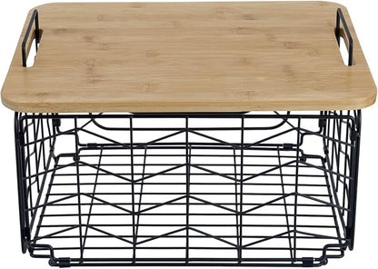 MyGift Kitchen Storage Wire Basket, Foldable Matte Black Metal Fruit and Produce Basket with Bamboo Cutting Board Lid, Pantry Counter Organization