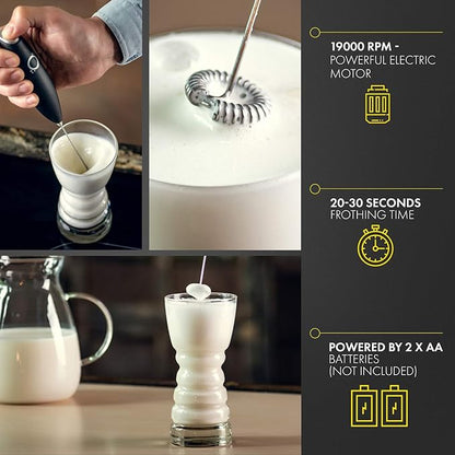 Handheld Milk Frother for Coffee - Stainless Steel Electric Drink Mixer & Matcha Whisk - Ergonomic Hand Frother With Stand & Recipes (Black)