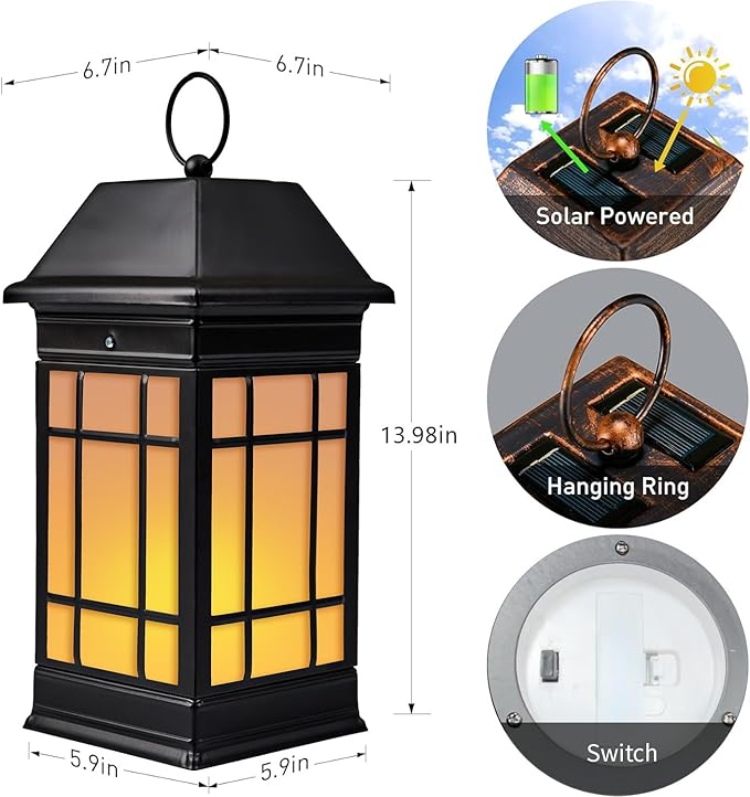 14" Solar Lantern Outdoor Waterproof, Glass Flickering Flame Solar Lanterns, Hanging Metal Lantern Decorative for Patio Front Porch Garden Backyard Tabletop Mothers Day Gifts Mom