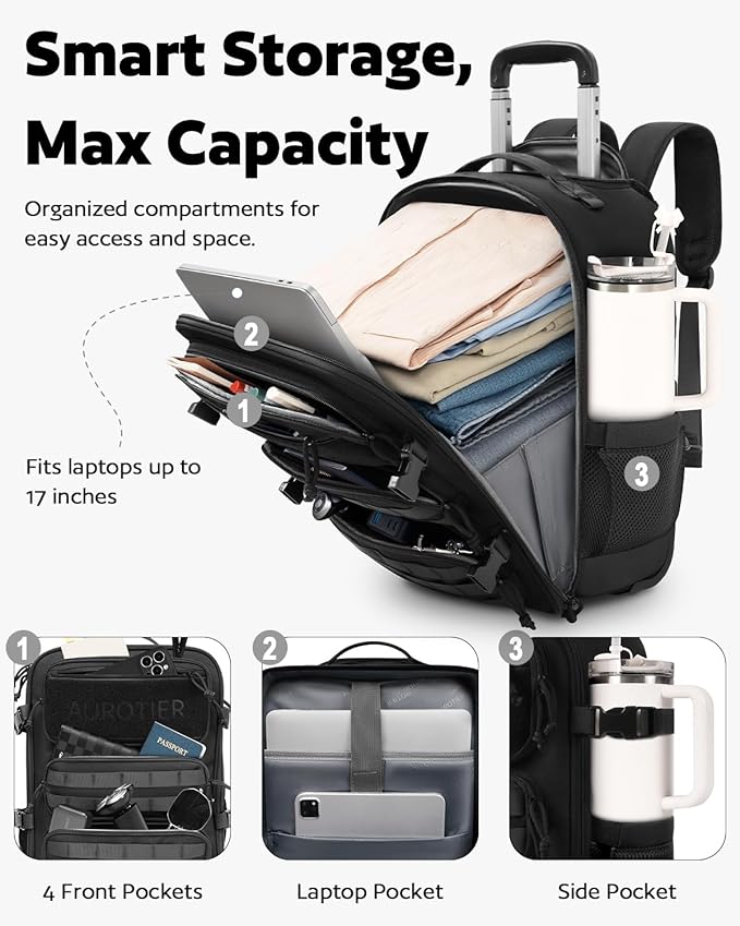 Rolling Tactical Laptop Backpack, Underseat Travel Backpack with Wheels, 17 Inch Wheeled Military Computer Backpack for Men and Women, Roller Overnight Molle Outdoor Hiking College Carry on Luggage