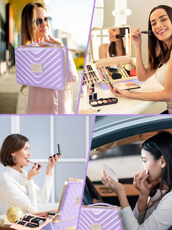 Kalolary Travel Makeup Train Cases with Lighted Mirror 3 Color Setting, Makeup Bag Cosmetic Case Organizer Adjustable Brightness Portable Makeup Storage Box with Detachable 5X Magnifying Mirror Purple
