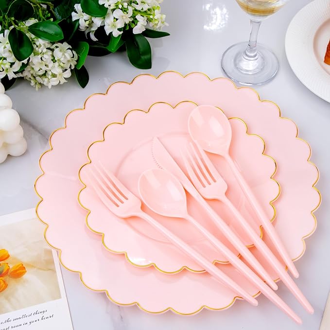 Supernal 180pcs Pink Plastic Silverware Heavy Duty Pink Party Disposable Cutlery Plastic Forks and Spoons Disposable Utensils Include 60 Forks,60 Knvies,60 Spoons for Wedding,Party or Daily Using