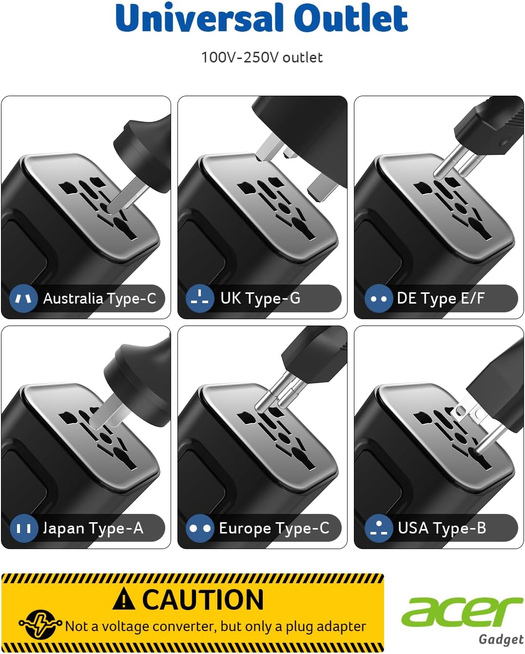Acer US to Europe Plug Adapter, Universal Travel Adapter, International Power Adapter for USA to Europe UK France Germany Spain Ireland Australia (Type C/G/A/I),Black