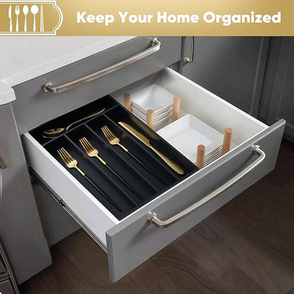 Silverware Organizer, 10 Inch Utensil Organizer Kitchen Drawer Organizer Bamboo Silverware Holder Cutlery Tray Organizer in Drawer Flatware Organizer Tray(5 slots, Black）