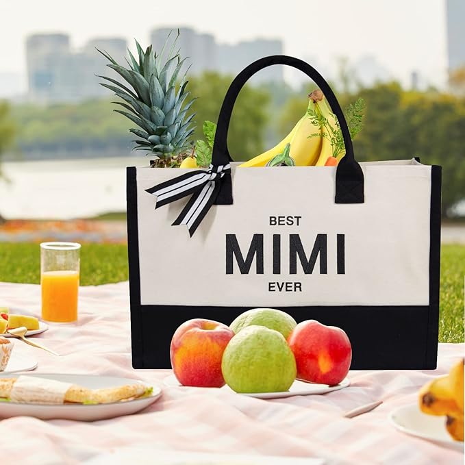 TOPDesign Embroidery Canvas Tote Bag for Women, Mimi Gifts for Grandma from Grandchild Granddaughter Grandson, Personalized Birthday, Mothers Day Present, Ideal for Beach, Holiday