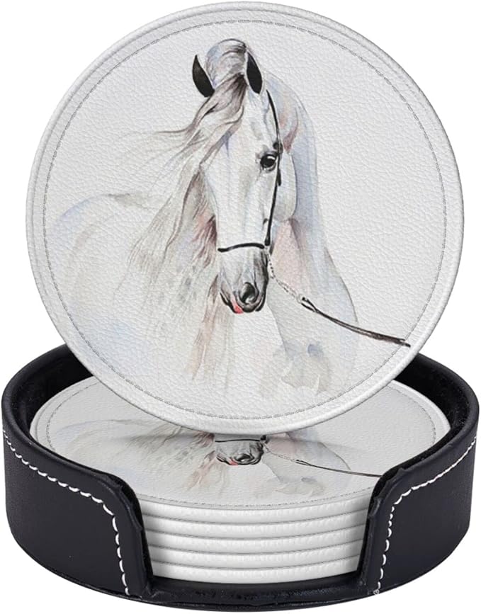 6 Pcs White Horse Animal Leather Coasters