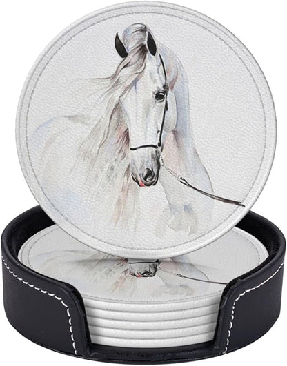 6 Pcs White Horse Animal Leather Coasters