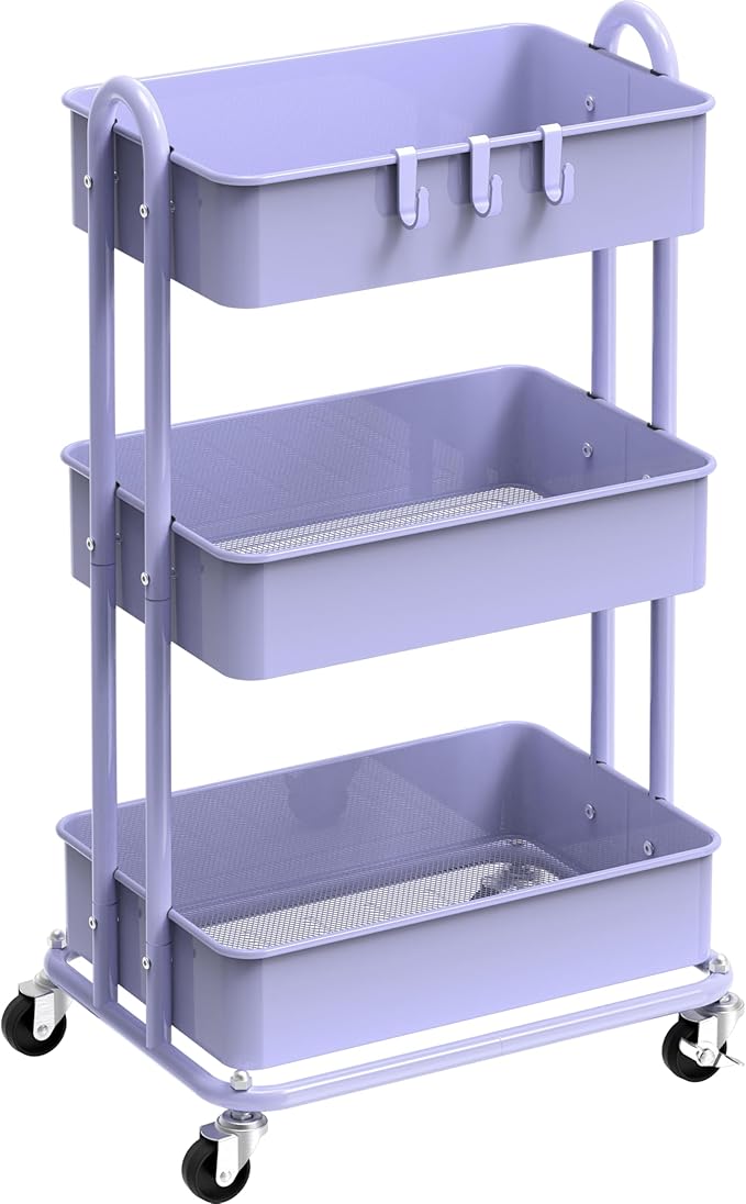 Simple Houseware 3-Tier Heavy Duty Metal Utility Rolling Cart, Purple