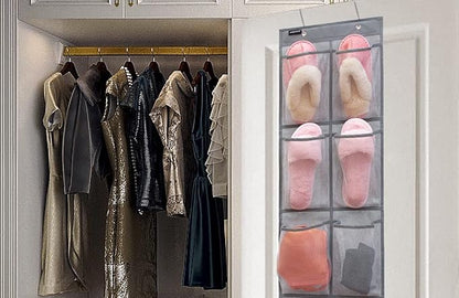 2 Pack Minimalist Black Over The Door Hanging Closet Shoe Holder Organizer with 6 Pockets (Mesh Pockets)