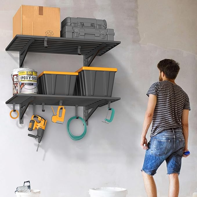2-Pack 2x3ft Garage Shelving Wall Mounted, 2' x 3' Heavy Duty Garage Storage Shelves with Hooks, 400LB Capacity