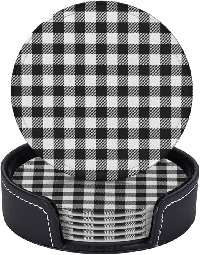 6 Pcs Black White Striped Plaid Leather Coasters