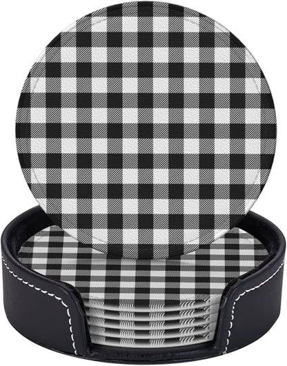 6 Pcs Black White Striped Plaid Leather Coasters