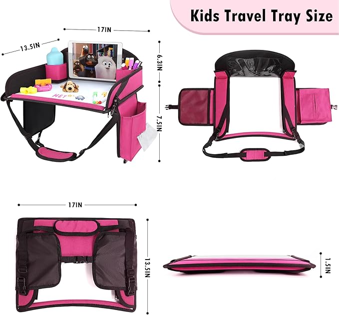 Kids Travel Tray for Airplane - Toddler Car Seat Table Tray, Road Trip Essentials for Boys & Girls, Carseat Lap Desk for Kids Road Trip Activities (Pink-2PCS)