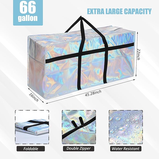 4 Pcs 66 Gallon Large Moving Bags with Zipper and Handles Foldable Storage Duffle Bags Heavy Duty Extra Large Totes for College Dorm Travel Clothes Blankets Bedding Moving (Iridescent)