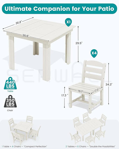 SERWALL Outdoor Dining Set for 4, HDPE Square Table and Chairs Set All Weather