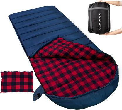0 Degree Sleeping Bag Cotton Flannel Winter Cold Weather for Adults XXL Sleeping Bag 4 Season Big and Tall with Pillow Compression Sack