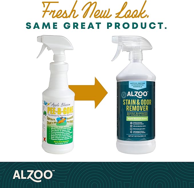 ALZOO Stain & Odor Remover, Quickly Lifts & Dissolves Pet Stains & Helps Eliminate Odors, 100% Plant-Based Active Ingredients, Apple Blossom Scent, 32 Fl. Oz Spray Bottle