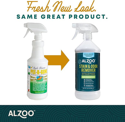 ALZOO Stain & Odor Remover, Quickly Lifts & Dissolves Pet Stains & Helps Eliminate Odors, 100% Plant-Based Active Ingredients, Apple Blossom Scent, 32 Fl. Oz Spray Bottle