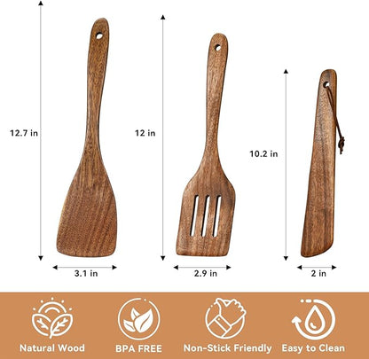 3Pcs Wooden Spatulas, Wooden Spatula for Cooking Long Handle Frying Turner Non-Stick Slotted Spurtle and Wood Scraper for Flipping, Scraping, and Turning, Cooking Utensils Set