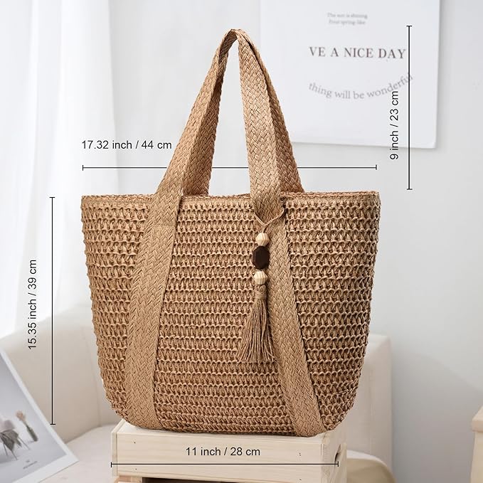 Straw Beach Bags for Women Woven Beach Tote Bag Casual Boho Large Shoulder Handbags Purse for Vacation Holiday