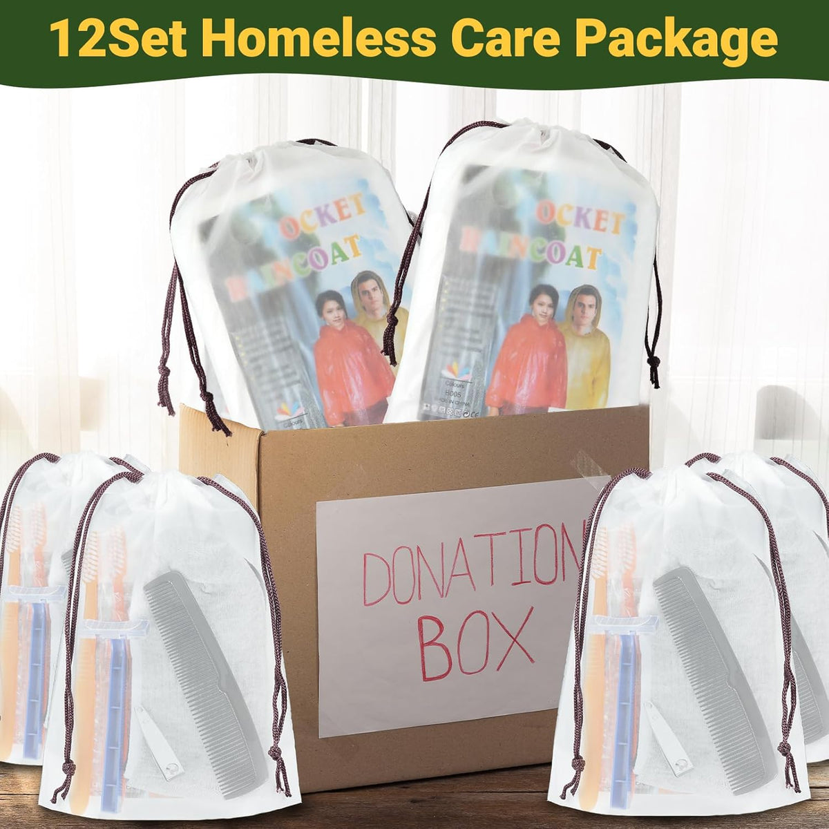 84 Pcs Homeless Care Package Supplies Bulk Hygiene Kits with Nail Clipper, Prepasted Disposable Toothbrushes, Razors, Ponchos, Combs, Socks & Drawstring Bags — Ideal Charity or Personal Travel Package
