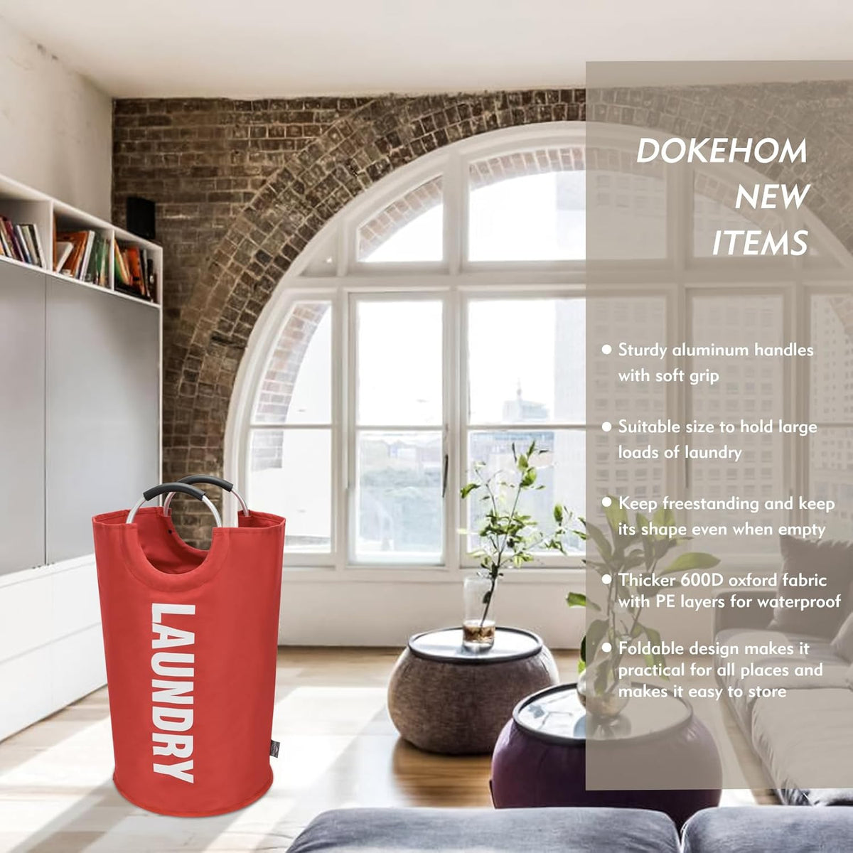 DOKEHOM 90L Large Laundry Basket, Collapsible Laundry Bag, Freestanding Tall Clothes Hamper, Foldable Washing Bin (Red)