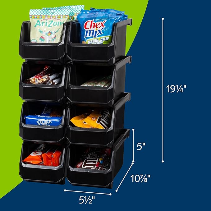 Plastic Containers for Organizing and Storage Bins for Closet, Kitchen, Office, Garage or Pantry Organization, Stackable Bins, Medium (11" x 5" x 5.5"), 8-Pack, Black