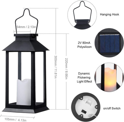 2 Pack Solar Lanterns, Outdoor Garden Hanging Lanterns, 11.8 Inch LED Flickering Flameless Candle Mission Lights for Yard, Table, Patio (Black)