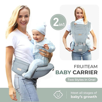 FRUITEAM 6-in-1 Baby Carrier with Waist Stool/Hip Seat for Breastfeeding, One Size Fits All - Adapt to Newborn, Infant & Toddler (Blue)