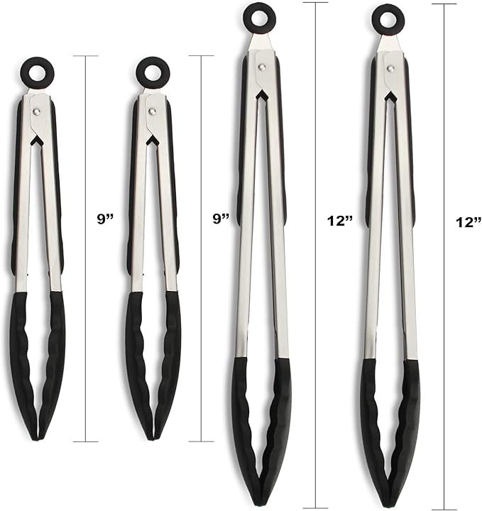 4 Pack Black Kitchen Tongs, Premium Silicone BPA Free Non-Stick Stainless Steel BBQ Cooking Grilling Locking Food Tongs, 9-Inch & 12-Inch